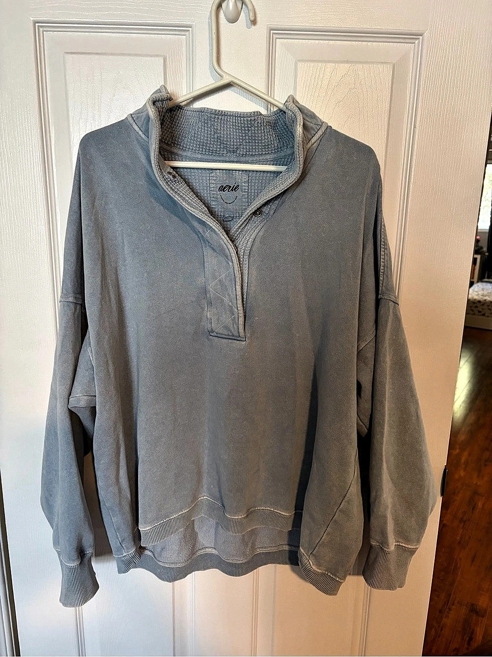 Aerie Offline Real Me Popover / Waffle Snap Up Sweatshirt Blue Large
